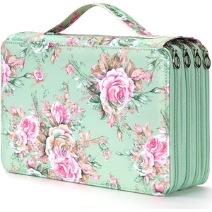 image:imageVomgomfom 200 Slots Pencil Bag 4Layer Zipper Portable Art Supply Organizer PU Leather Large Capacity Colored Pencil Case with Handle for 200 Watercolor Pens Gel Pens Green RoseA Green Rose