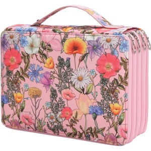 image:imageVomgomfom 200 Slots Pencil Bag 4Layer Zipper Portable Art Supply Organizer PU Leather Large Capacity Colored Pencil Case with Handle for 200 Watercolor Pens Gel Pens Green RoseG Pink Flower